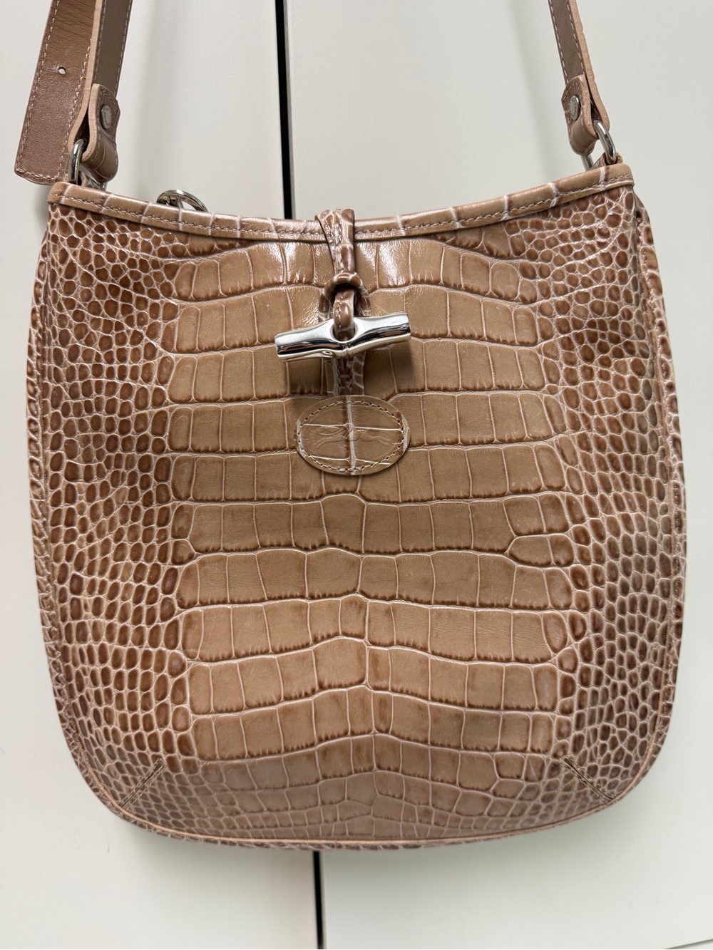 Longchamp Taupe Crocodile Embossed Leather Crossbody / Shoulder Bag